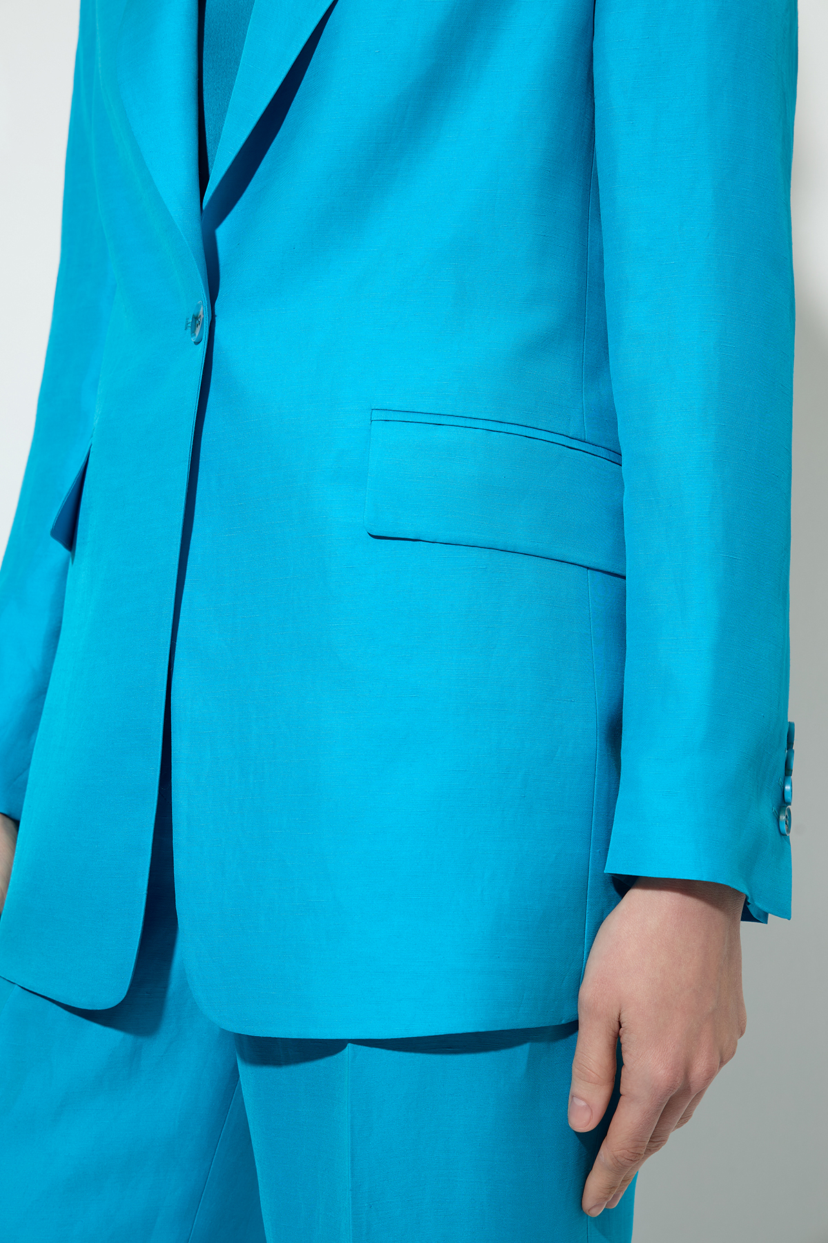 Однобортный жакет из полульна , пол женский, цвет голубой, фото №3