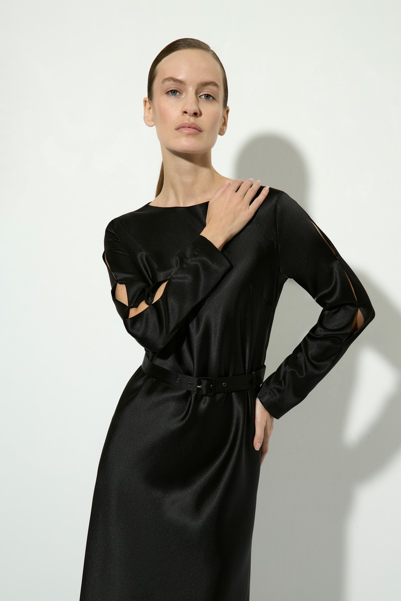 Атласное платье с поясом VASSA&Co, пол female, цвет black, фото №2